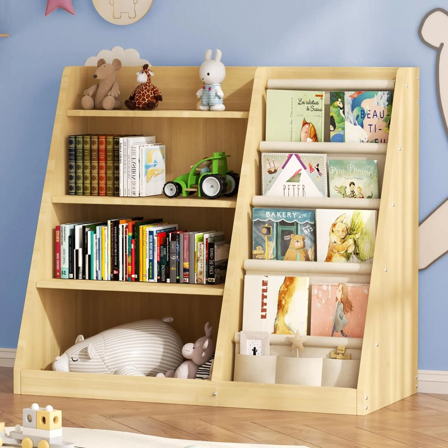 Kids Bookshelf and Toy Storage Organizer 4 Tier Wooden Book Shelf with Sling Book Rack in Kids Toddlers Room Playroom Nursery