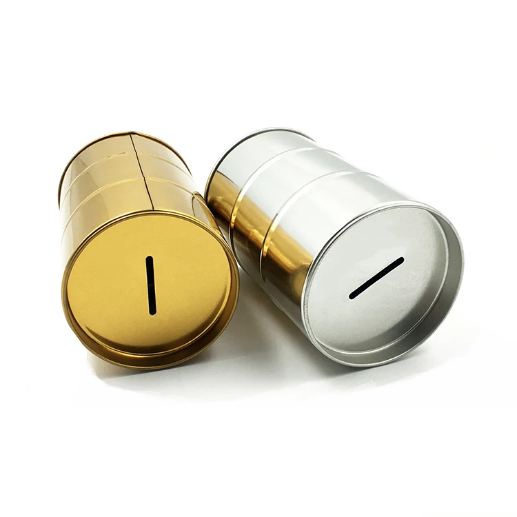 Wholesale Customized Round Black Gold Silvery Oil Drum Shape Toy Metal Can Coin Bank Money Saving Box Gfit Tin Box for Kids