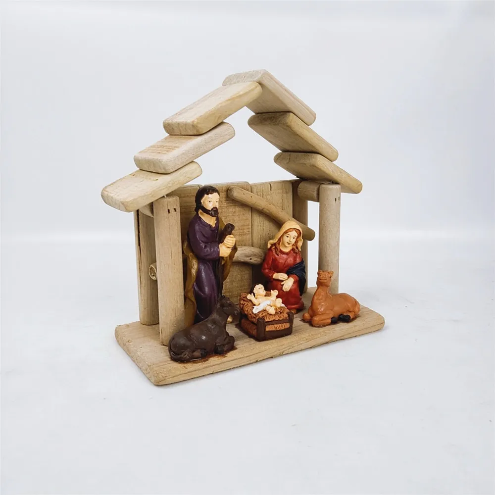 Christmas Nativity Set with Wooden Stable and Polyresin Figurines