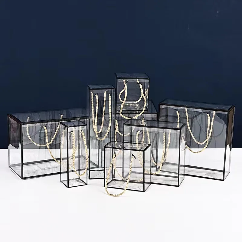 QUICK SHIPPING CLEAR  PVC PET GOLD STAMPING CANDY PACKAGING BOX WEDDING GIFT BOX WITH HANDLE