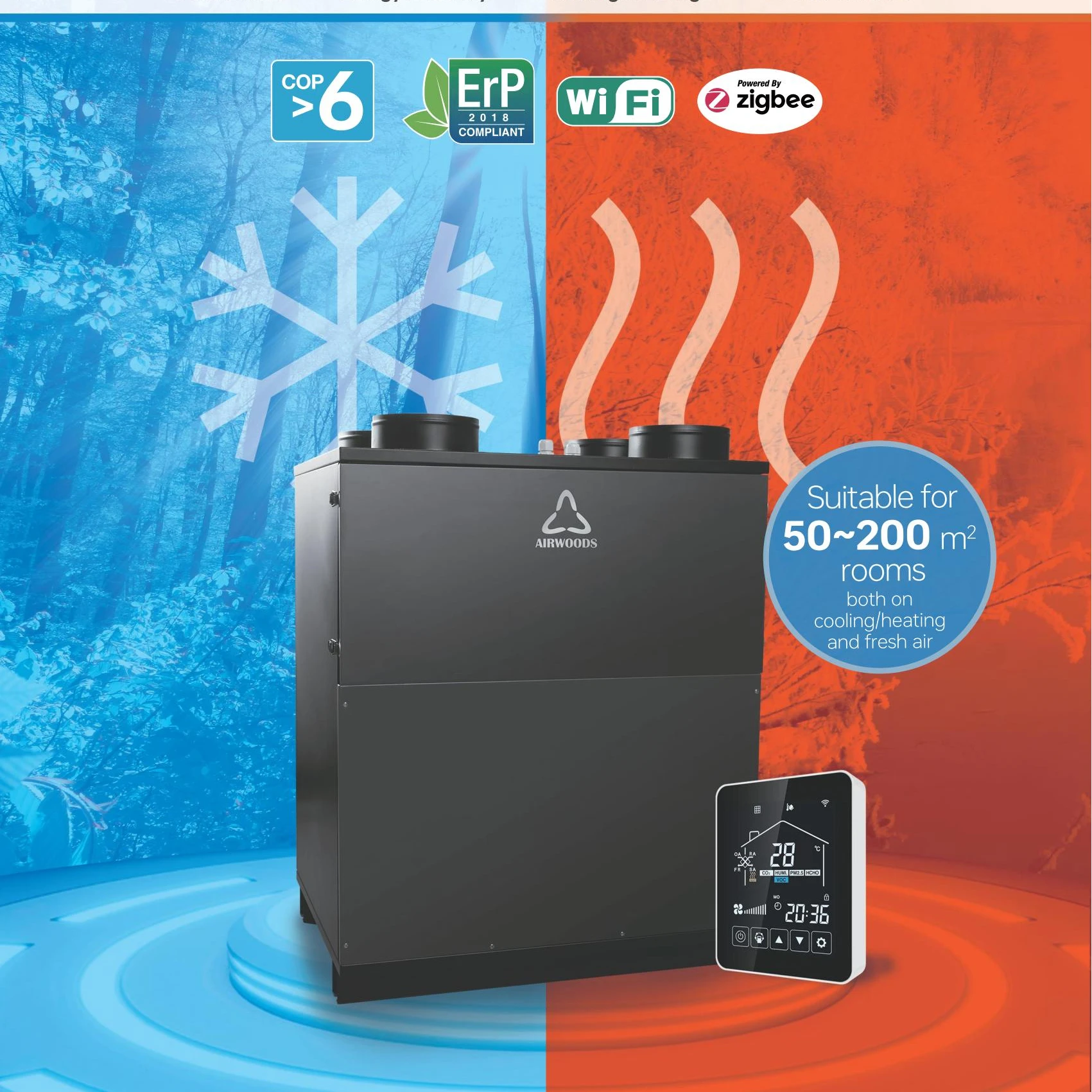 Heating/Cooling CO2 humidity sensor WIFI control floor standing heat recovery ventilation unit with thermal pump air recuperater