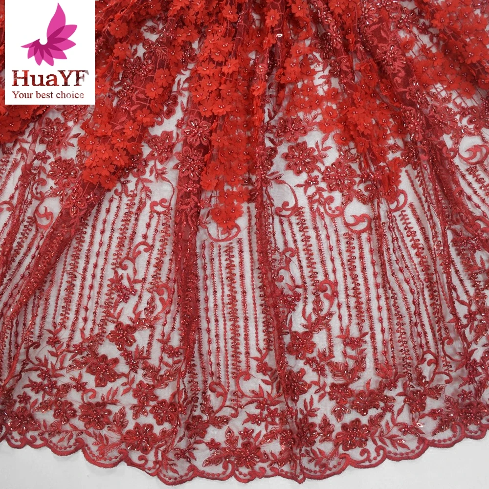 2020 Ready Stock dubai fabric importers Red luxury embroidered dress fabrics 3d flower lace wholesales HY1270