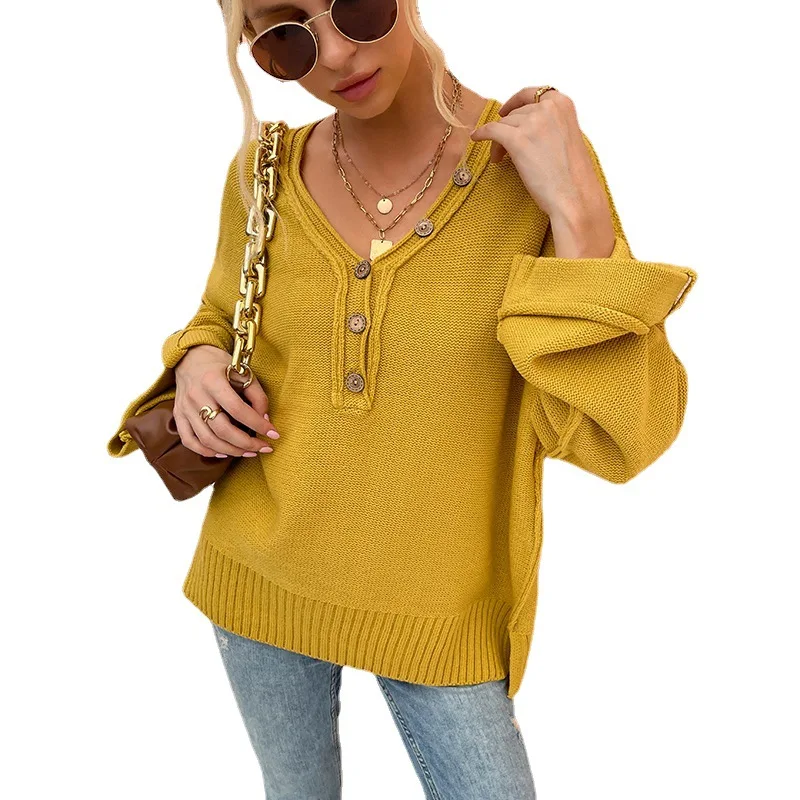 Женский акриловый пуловер, однотонный трикотажный свитер с v-образным вырезом на пуговицах, 100%