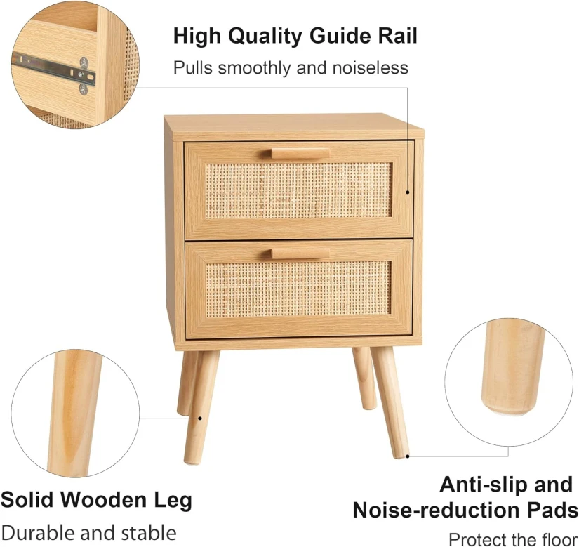 Wholesale bedroom furniture rustic natural wood bedside table nightstand with two rattan drawers