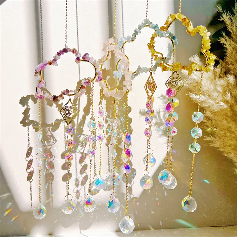 Natural Healing Amethyst Quartz Stones Rainbow Maker Wind Chimes Crystal Sun Catchers For Windows Home Decor