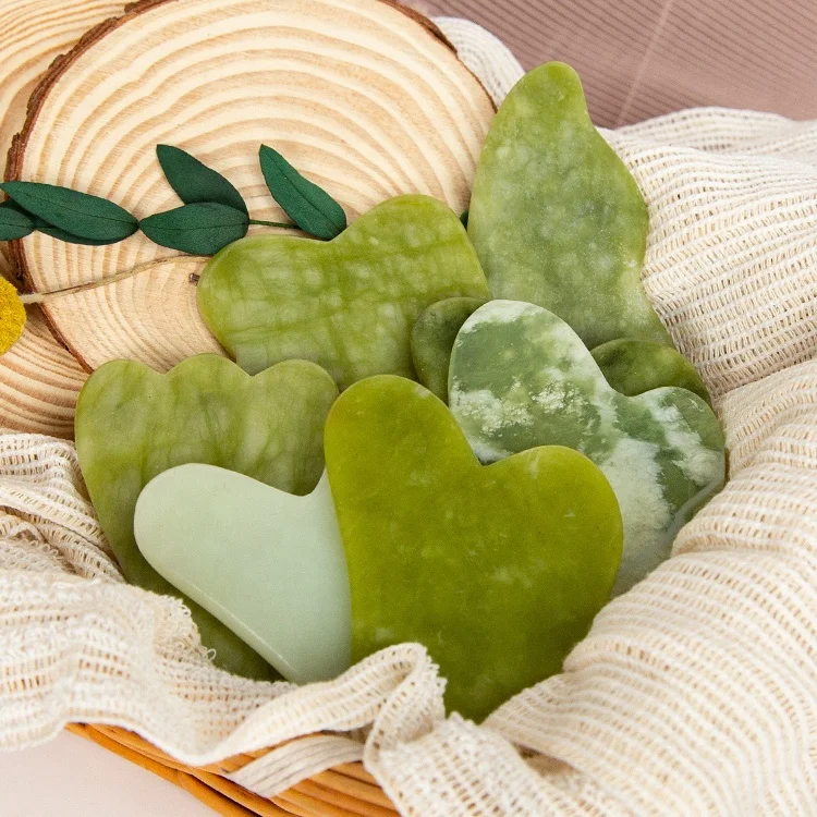 Gloway Hot Selling 8 Types Heart Shape Spa Face Massage Tool Natural Stone Guasha Pad Scraper Green Jade Gua Sha Board Guasha