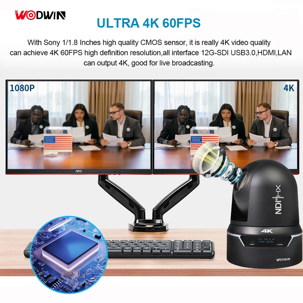 WODWIN New NDI 4K 60FPS 25X Optical Zoom 12G SDI Live Broadcasting IP POE NDI PTZ Camera for Live Streaming Events Churches