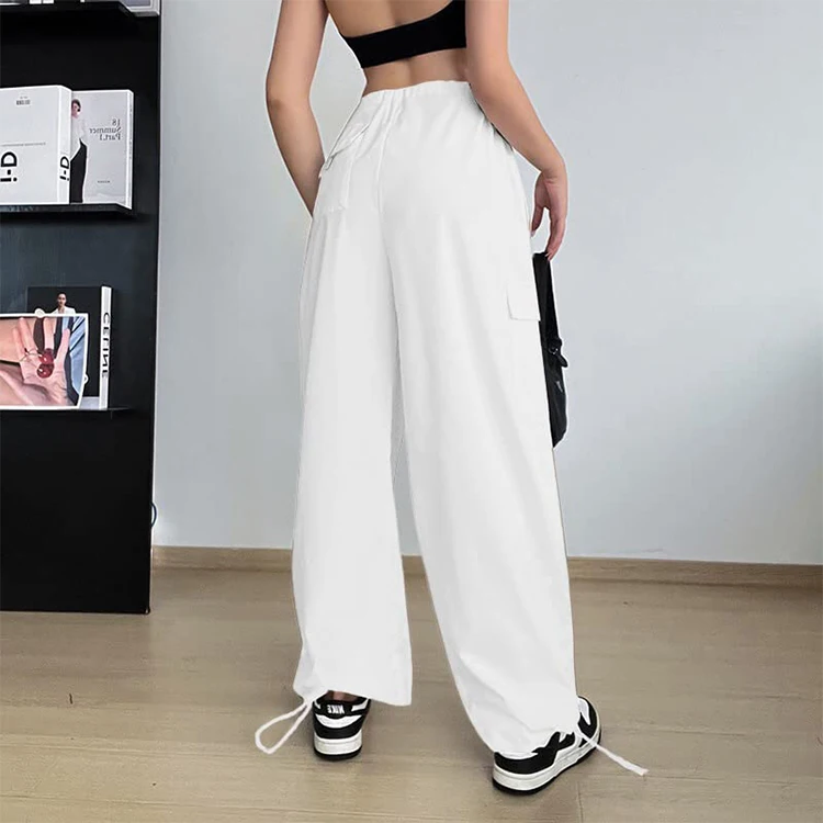 Streetwear fashion ladies woman wide leg pant trousers custom logo drawstring waist cargo pants for women