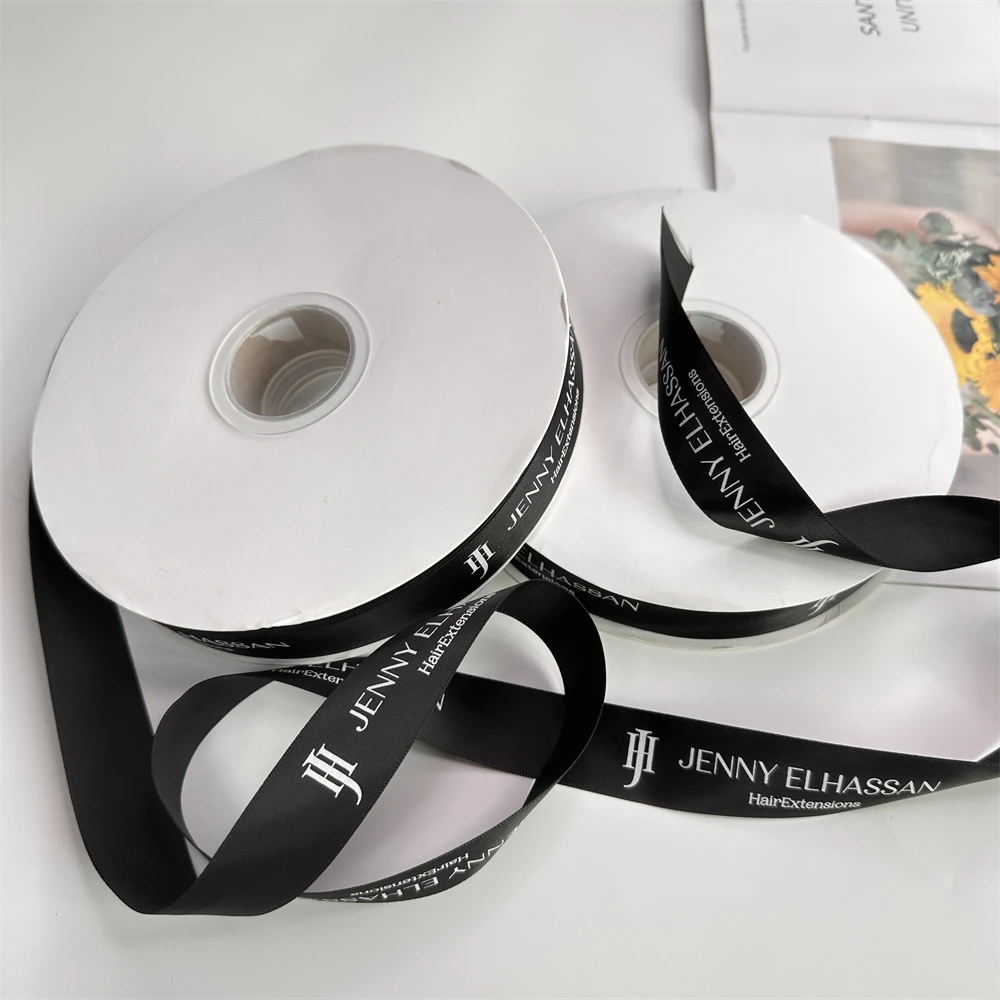 MOQ 1 Roll Luxury Custom Print Satin Ribbon for Gift Wrapping Brand Logo Black Polyester Satin Ribbon for Packaging Clothing Box