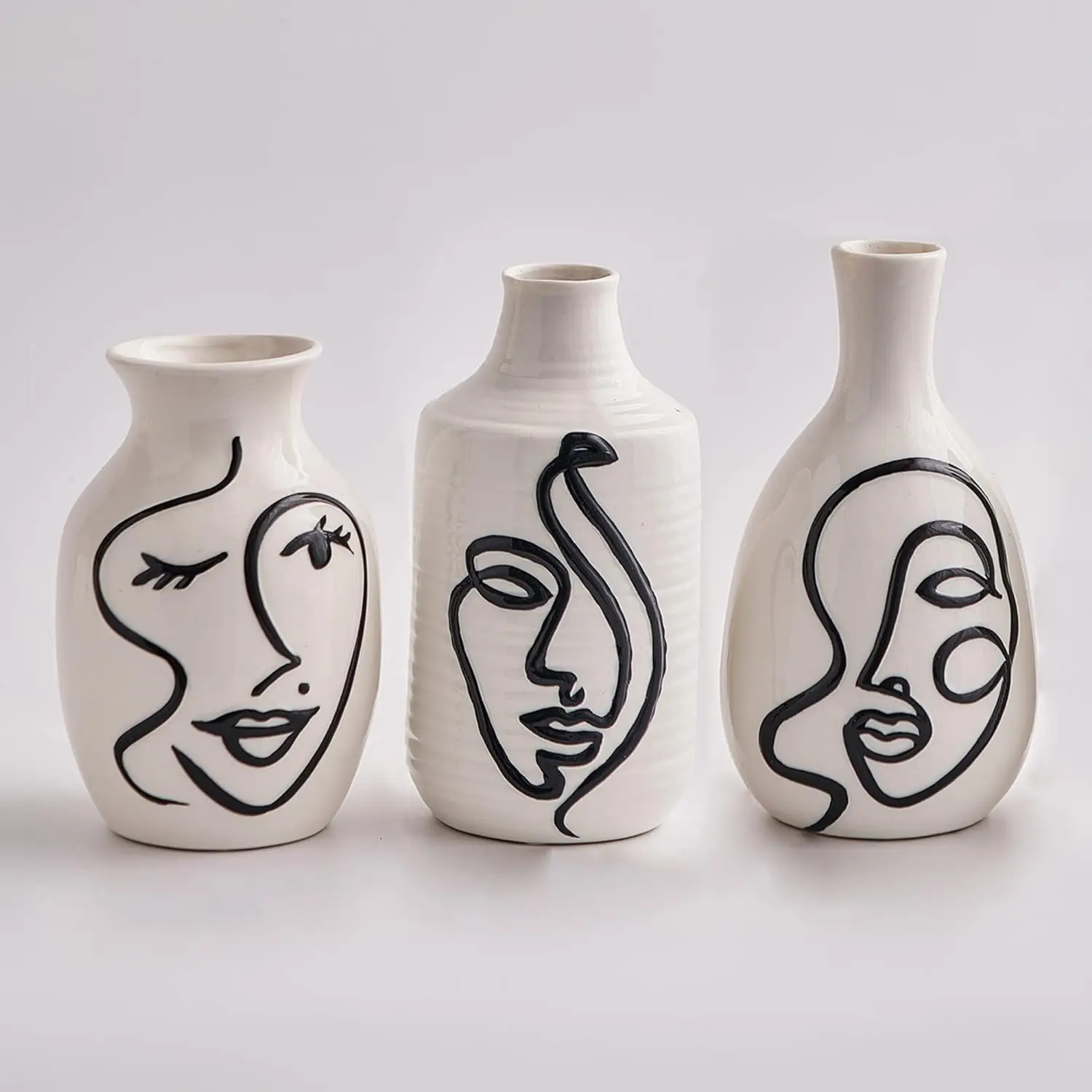 Ceramic Vase Set- 3 Small s, Face , White , Clay , Pampas Grass , Modern Farmhouse Decor, Home Accents, Living Room , Shelf