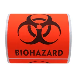 Hybsk Biohazard Warning Labels 4 x 4 inch Fluorescent Red-Orange Hazardous Stickers | 100 Labels/Roll