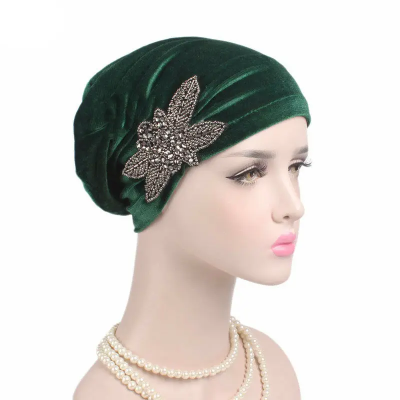 
Muslim Womens Velvet Hand Beaded Turban Cap India Chemo Wrap Headwear Beanie Hat 