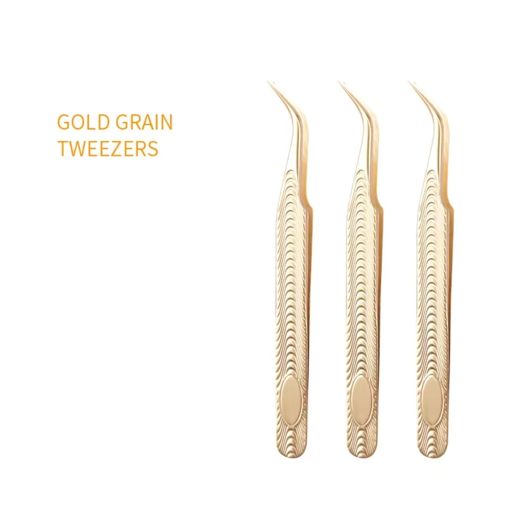 Wholesale Gold Fiber Tip volume Lashes Tweezers for False Eyelash Extension individual custom logo 90 degrees fiber grip tweeze