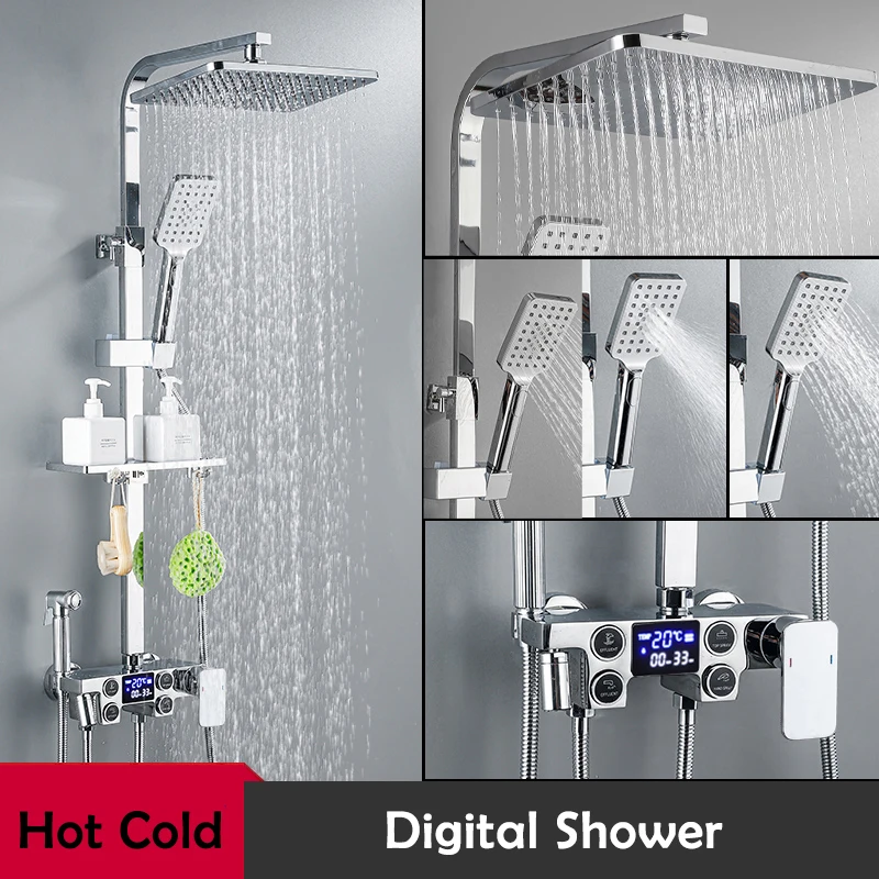 Thermostatic Bathroom Shower Set Rainfall Shower Head Quality Brass Bathtub Mixer Faucet Luxury Digital Bath Black Shower System