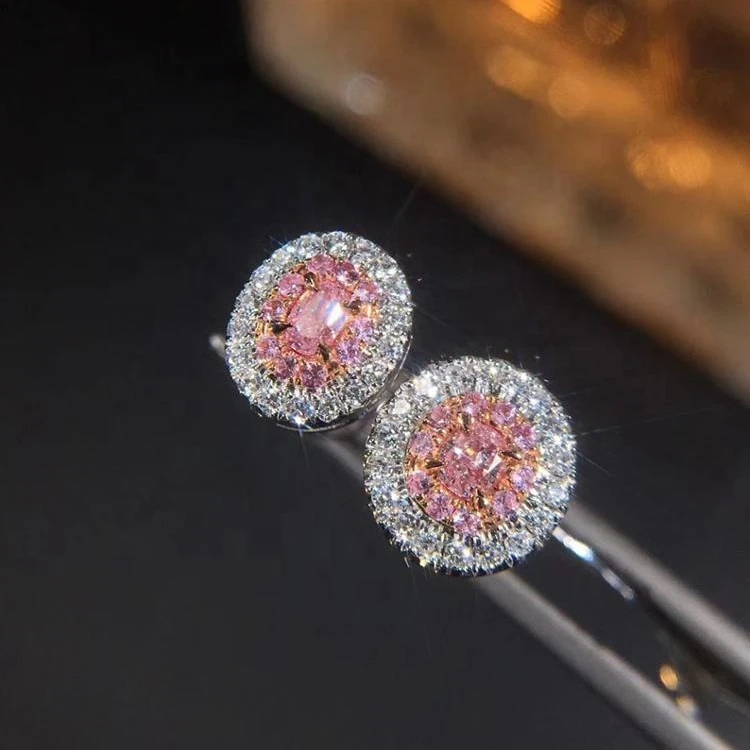 AGL 18K Solid K White Gold  Wholesales Oval Cut Pink Diamond Nature Stud Earrings Jewelry