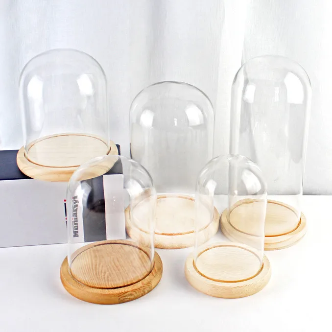 Home Decor Vases Glass Flower Display Cloche Bell Jar Glass Bottle with Wooden Base Dust Cover Display Box Immortal Flower Box