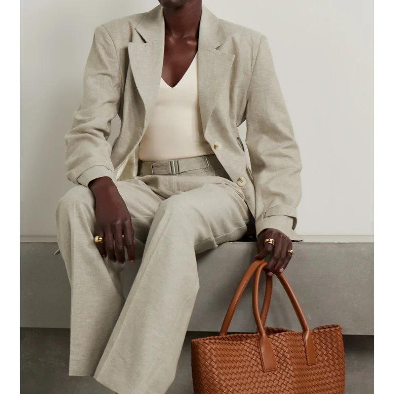 Customized Sustainable Turn Down Collar Regular Fit Medium Formal Unisex Suit Full Length Blazer Top Linen Cotton Set