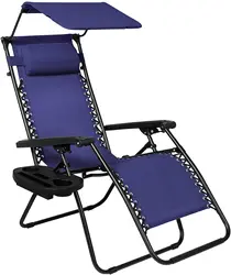 Lightweight Foldable Garden Zero, Gravity Metal Chair Outdoor Recliner Lounge Chairs with Folding Canopy Shade and Cup Holder/