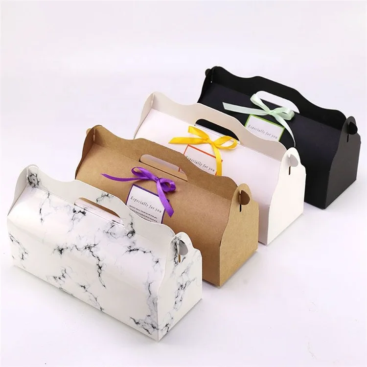 Beheart White Black Biscuit Packaging Marble Swiss Roll Cake Box With Handle Rectangle