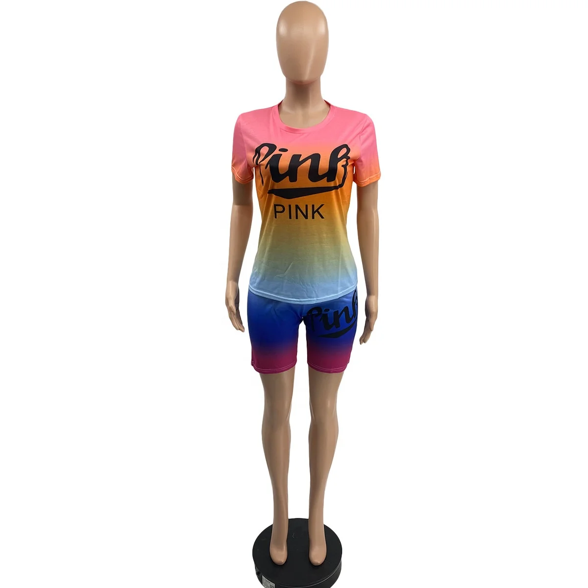 
GQ2536 hot sale two piece casual set women rainbow gradient printing women sets two piece shorts casual two piece set 