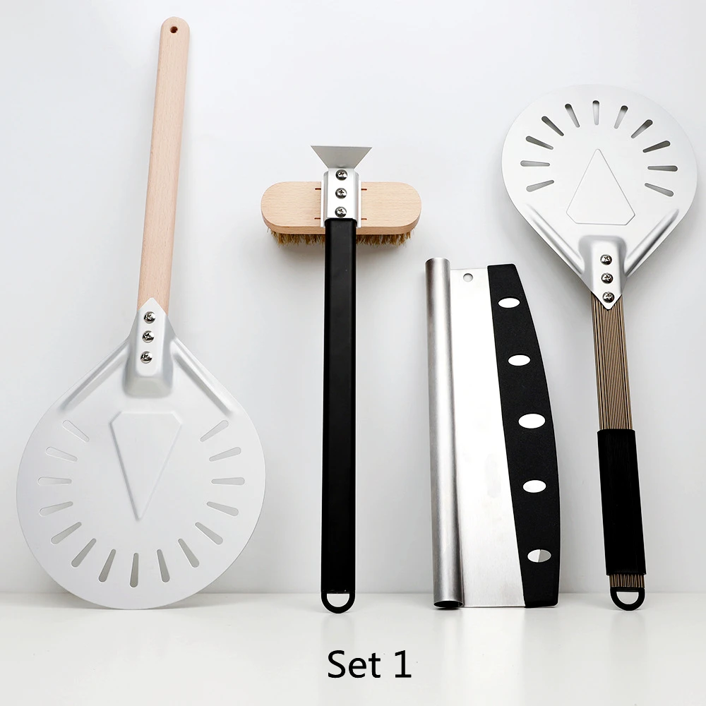 Aluminum Pizza Peel Set Perforated Small Round Pizza Turning Peel Shovel Tools Cutter Oven Brush