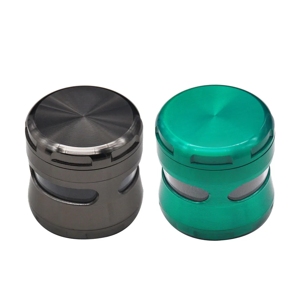 Wholesale Custom Logo Zinc Alloy Metal Green Black Color With Observation Window 63MM 4 Parts Herb Grinder Pepper Mill Crusher