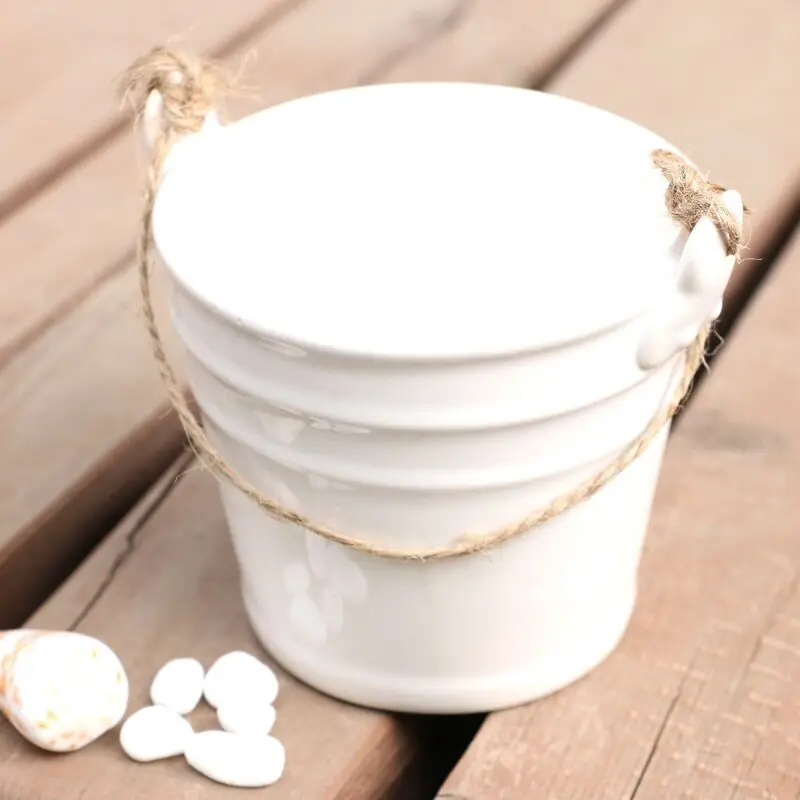 Pastoral fashion home ceramic crafts ornaments mini creative hemp rope hanging bucket flower pot decoration simple vase