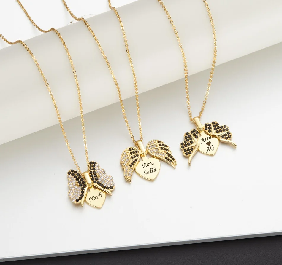 Turkish Style Creative Necklace 18K Gold Brass Open Pendant Necklace  Custom Engrave Zircon Butterfly Necklace For Gifts