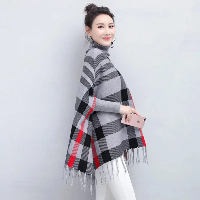 Fashion clothing loose-fitting plaid tassel poncho pullover women turtleneck shawl with sleeves