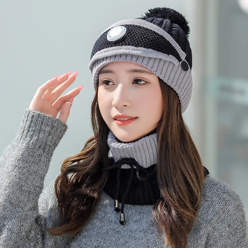 Soft Thicken Wool Ski Hat Women Warm Hats Neck Warm Winter Wool Hat Set Women Men Beanie Knitted Cap Scarf Mask Set