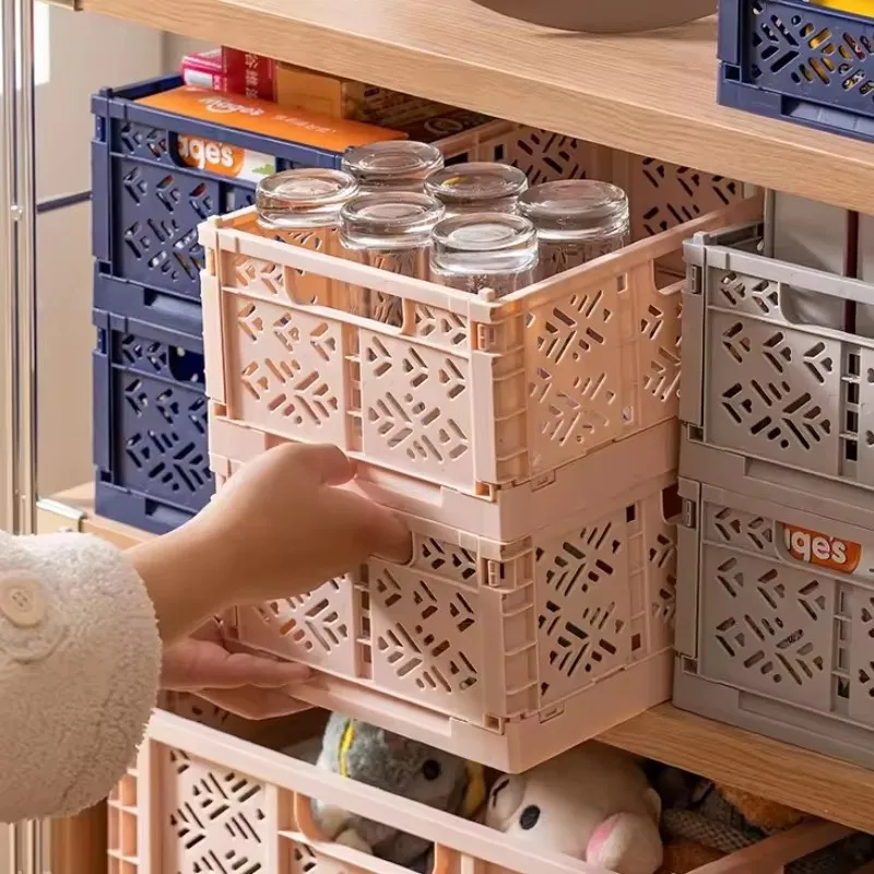 ASSMILE Plastic Foldable Storage Basket for Shelf Organizer, Stacking Collapsible Storage Crate Container handle