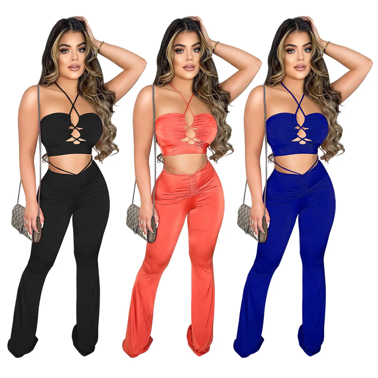 Sexy Hollow Bandage Solid Summer Trends 2021 Women Outfits Crop Top Flare Pants Womans Clothing 2 Piece Two Piece Set