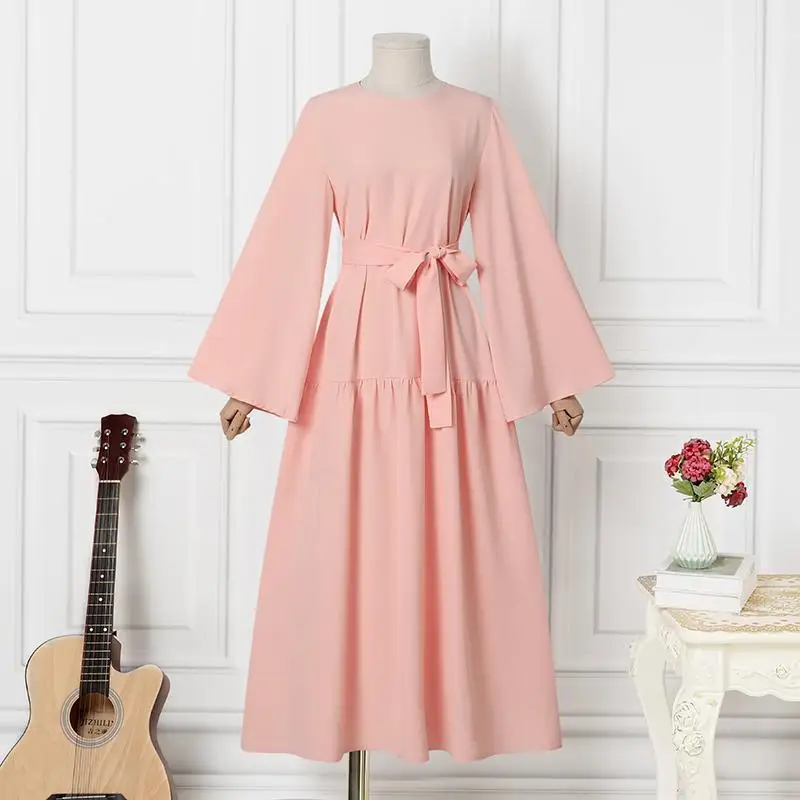 Custom Fashion Modesty O Shape Dubai Style Muslim Clothes Eid Ramadan Prayer Solid Color Abaya Ladies Dress