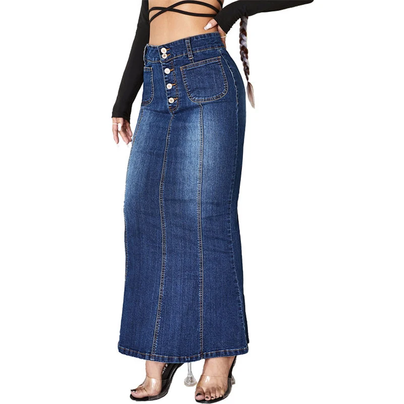 Manufacturer Wholesale Fashion Women Vintage Long Casual High Waist Washed Denim A-Line Denim Maxi For Ladies Jean Skirts