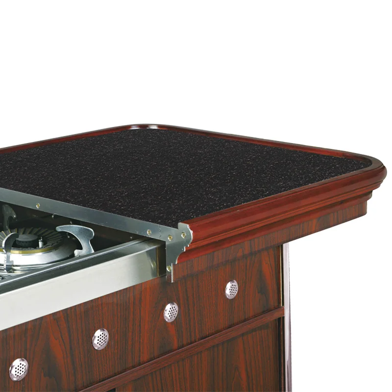 European Style Pull-close Luxury Mahogany Abalone Cart Mobile Flambe Cooking Trolley with Double Gas Stove and Wheels for Hotel