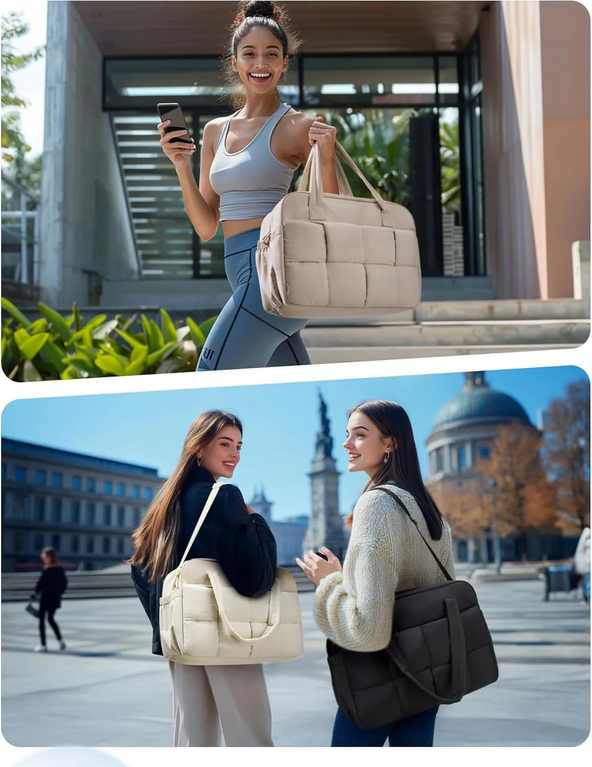 Fashion Square Design Women Tote Bag Lightweight Puffer Travel Duffle Bag Portable Travel Gym Bag