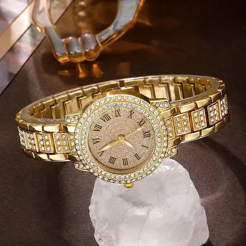 5pcs Set Golden Watch Women Ring Necklace Earrings Rhinestone Fashion Wristwatch Female Casual Ladies Watches Bracelet Set