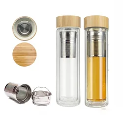 2023 hot selling double wall fruit tea infuser glass water bottle with rose gold metal cap bamboo lid