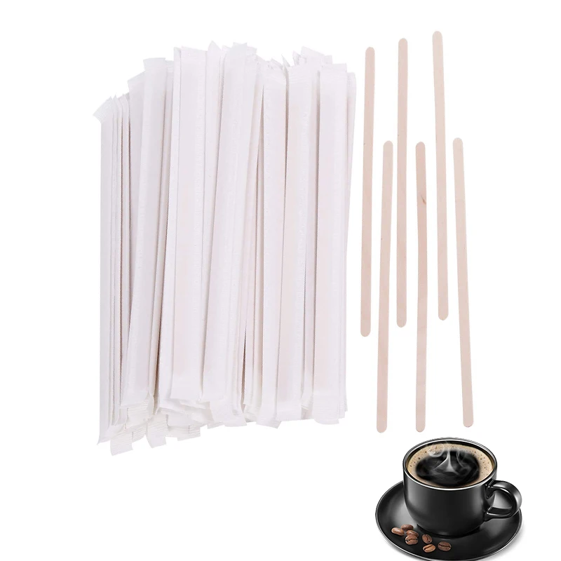 Hot Sale  Individually Wrapped Food Grade Birch Wood Eco Friendly Disposable Custom Compostable Coffee Stirrers