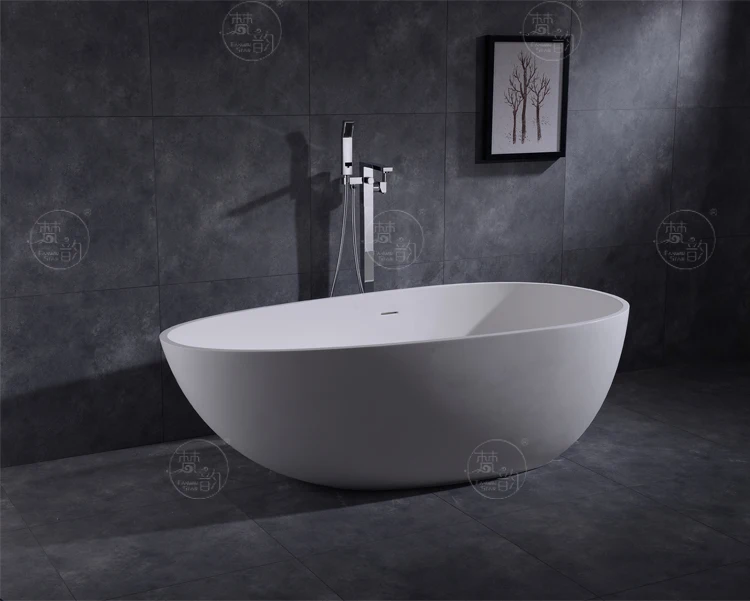 Fanwin Oval White Artificial Stone Stone Resin Bathtubs Hotel Bath Freestanding Tub Solid Modern Bathroom Bathtub