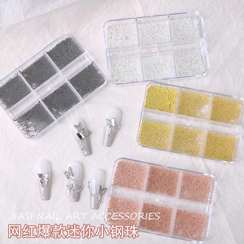 Wholesale 6 Grid Mini Metal Bead Grey Gold Caviar Nail Beads Nail Art Decoration