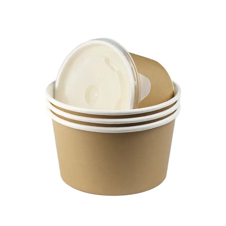 Custom Print Eco-friendly Disposable Food To Go Packaging Container Kraft Paper Bowl Rice Soup Cup Take Away Salad Bowl With Lid