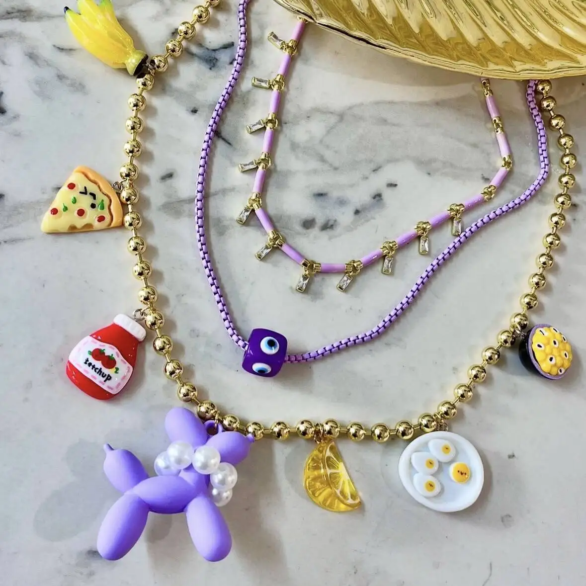 LS-L3859 Fashion box chain necklace for girl enamel necklaces orange egg milk pizza banana purple balloon dog necklace