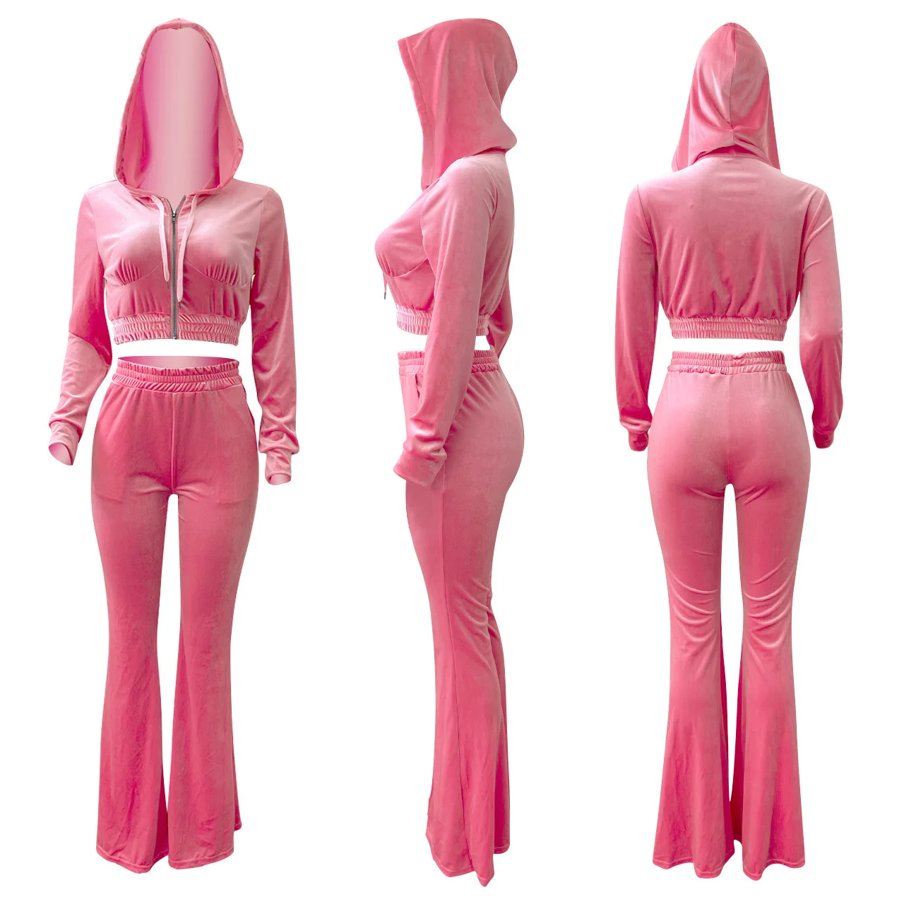 2021 HS New Arrial Fall Winter Sweatsuit Womens Hoodie Set Fleece Velvet Two Piece Velvet Tracksuit Zip Coat Bell-bottomed Pants