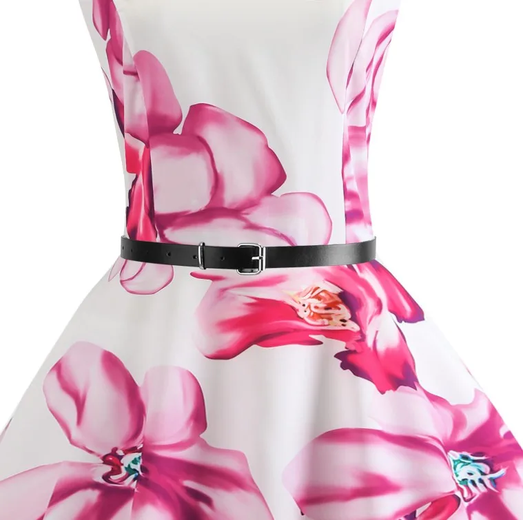 Midi Floral Dresses for Women Bandage Party Dress Hepburn Vintage Retro Robe Femme Sleeveless Swing Pin Up Dress Plus Size