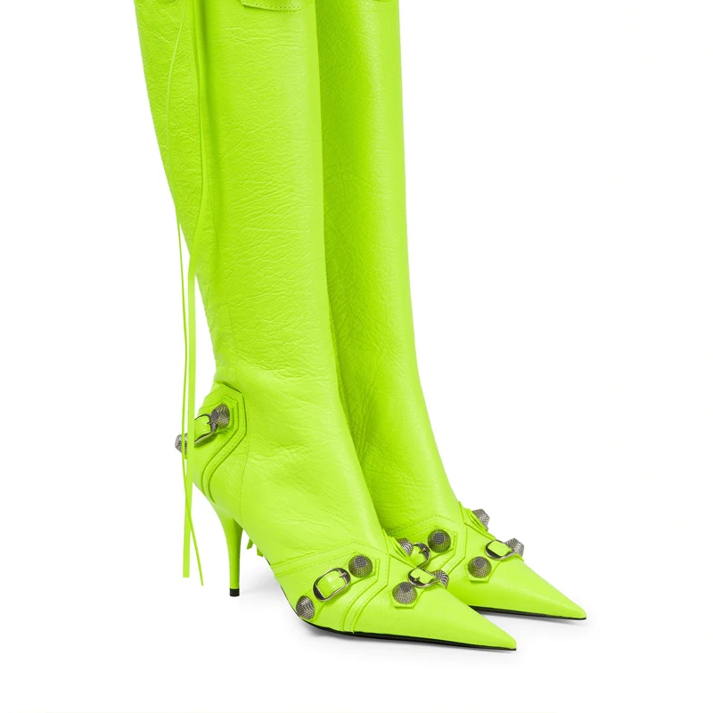 Support OEM/ODM women sewing thread rivets tassel buckle leather stiletto high heels side zip knee high boot custom pointy