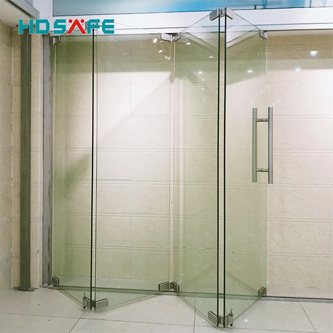 HDSAFE 8/10/12mm tempered frameless glass folding door system glass partition stainless steel hinge stack sliding bi fold door