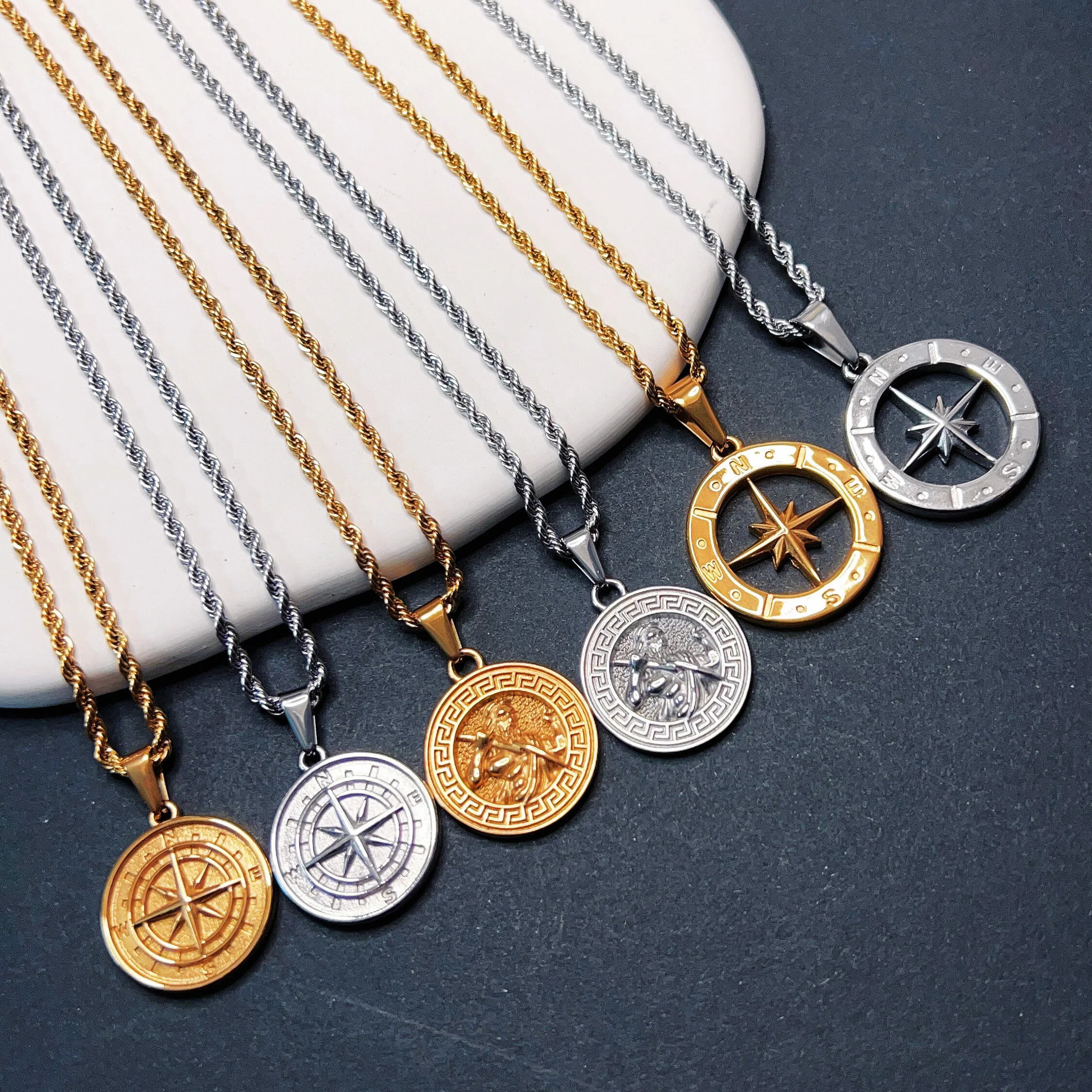 Custom Fashion Fine Jewelry Medallion Compass Stainless Steel Greek Coin 18K Gold Plated Gold Pendant Necklaces For Mens