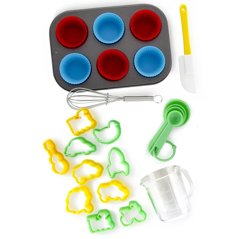 Children silicone mini utensils set full kitchen measuring cup cookie shape cutters pastry kit kids baking set