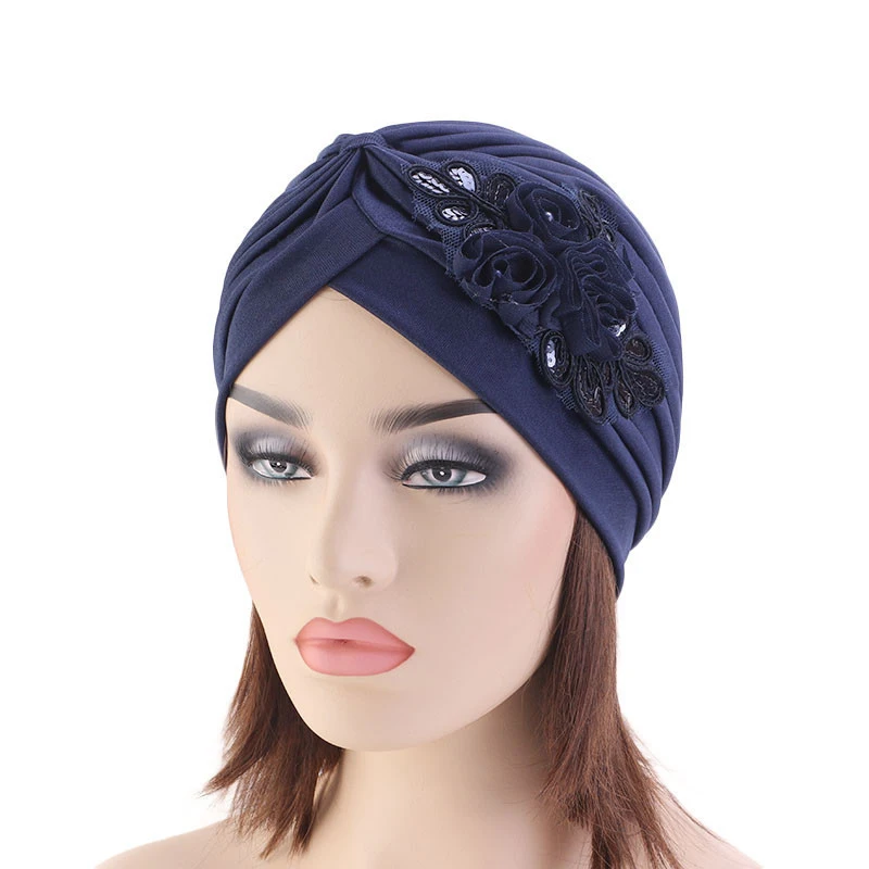 Fashionable Muslim Turkish Turban Cap Hijab Women Sequin Three-dimensional Flower Ethnic Turban